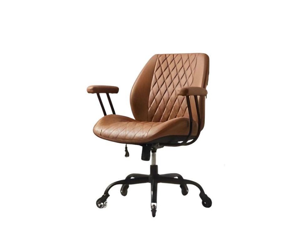 Office Chair &ndash; Brown Leather Ergonomic Desk Seat with Lumbar Support, Casters & Armrests