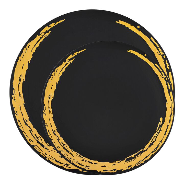Black with Gold Moonlight Round Plastic Dinnerware Value Set (40 Sets)