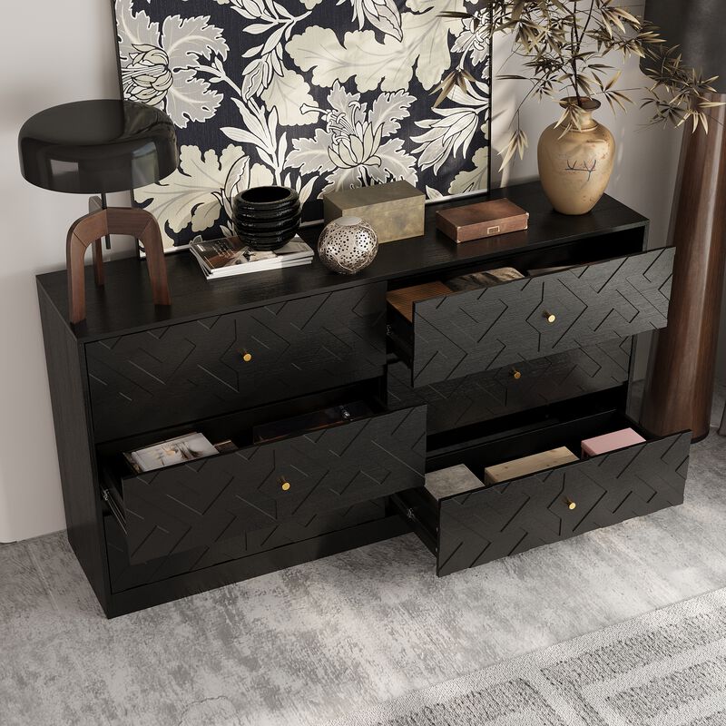 FUFU&GAGA Black 6-Drawer Storage Cabinet with Embossed Texture, Gold Tapered Pulls and Textured Finish, 63" W x 15" D x 32.3" H