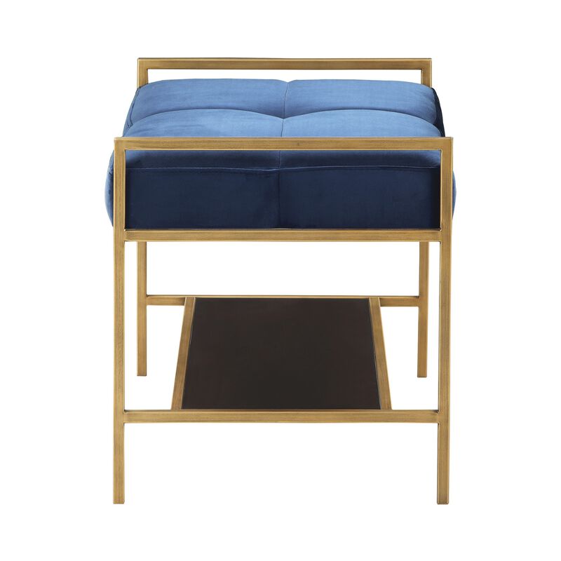 Metal Bench with Fabric Upholstered Plump Seats, Gold and Blue-Benzara