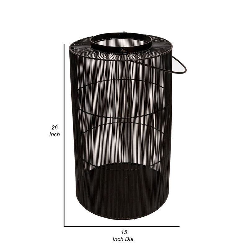 26 Inch Tall Lantern, Round Body Shape, Black Metal Wire Mesh with Handle - Benzara