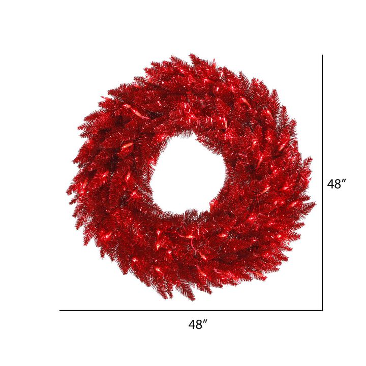 Vickerman 48" Tinsel Red Fir Artificial Christmas Wreath, Red Dura-Lit LED Lights - Faux Tinsel Christmas Wreath - Indoor Seasonal Home Decor