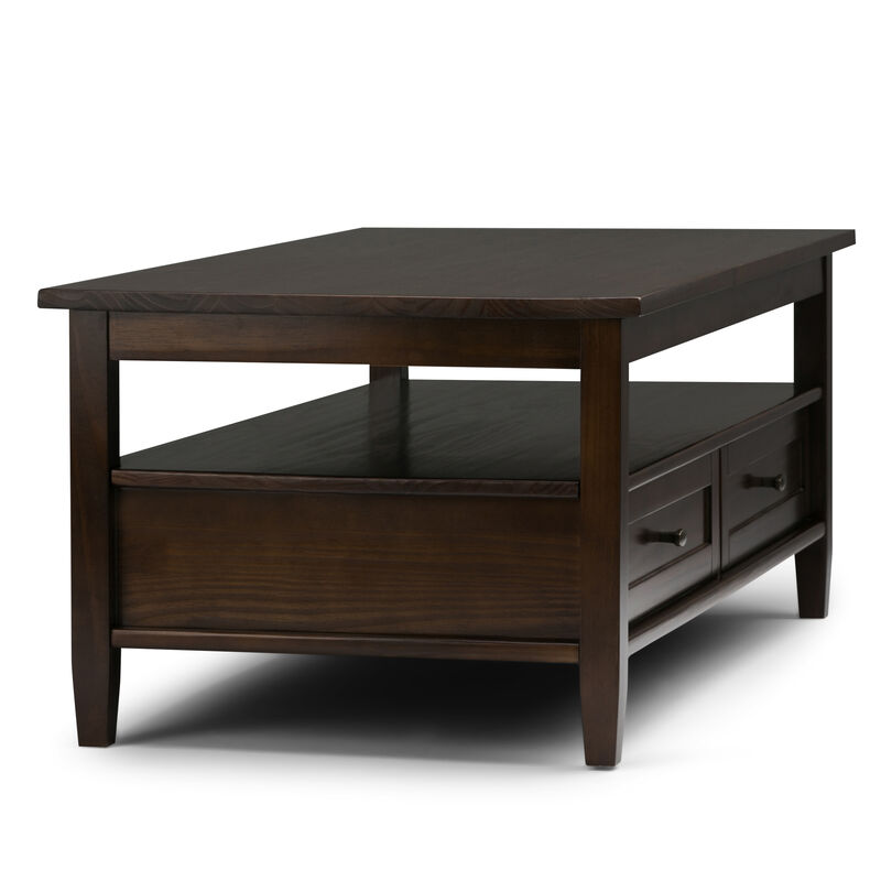Warm Shaker SOLID WOOD 48 inch Wide Rectangle Transitional Coffee Table in Tobacco Brown