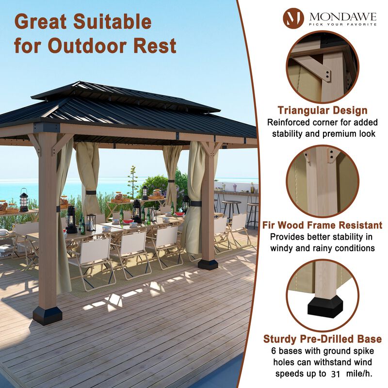 Mondawe Beverly Hills 12 ft. x 20 ft. Outdoor Fir Solid Wood Frame Patio Gazebo Canopy Shelter Galvanized Steel Hardtop Curtain