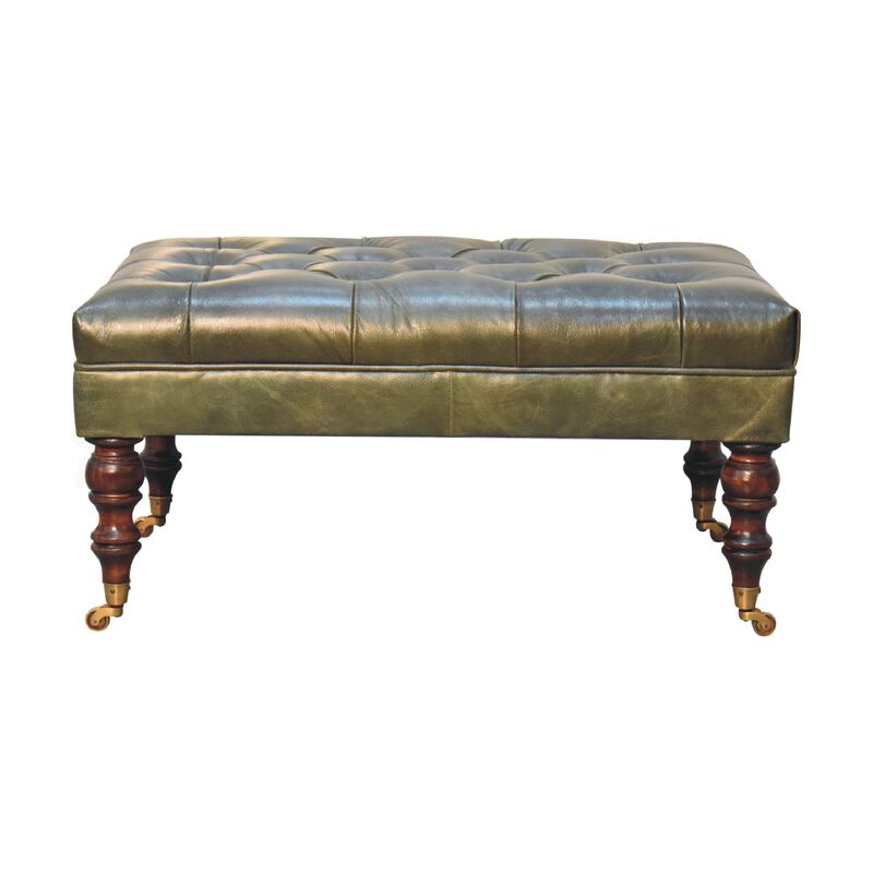 Artisan Furniture  Solid Wood Buffalo Green Leather Ottoman with Castor Legs