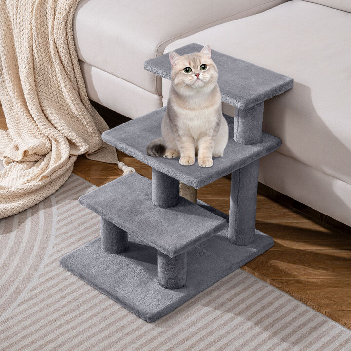 Plush 3 Tier Cat Stairs with Scratching Posts for Beds and Sofas-Grey