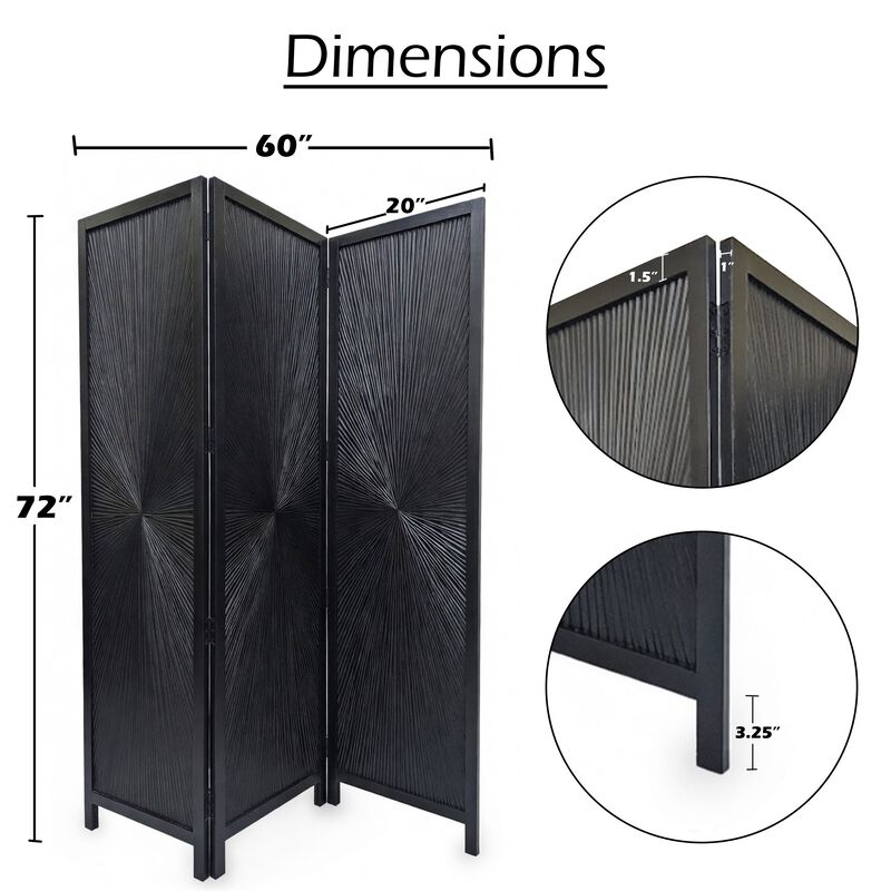 Cava 3 Panel Folding Room Divider Screen, Sunburst Design, Black Mango Wood, 72" H image number 5