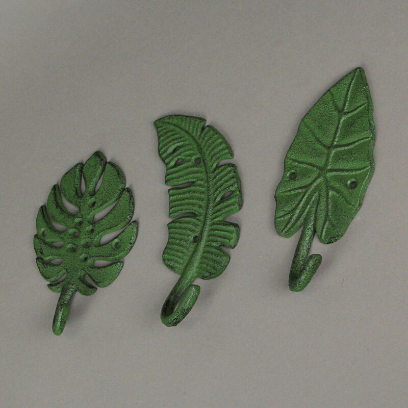Set of 3 Cast Iron Green Tropical Leaf Decorative Wall Hooks - Functional and Stylish - 6 Inches High - Beach Elegance - Perfect for Towels, Coats, and More image number 3