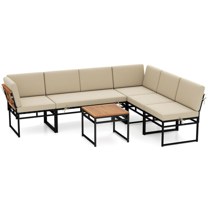 Beige Outdoor Sectional Sofa Set, 6-Piece Conversation Set with Cushions