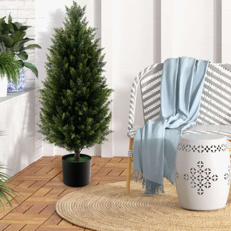 Hivvago Artificial Topiary Cedar Tree with Cement Plastic Pot and Faux Moss