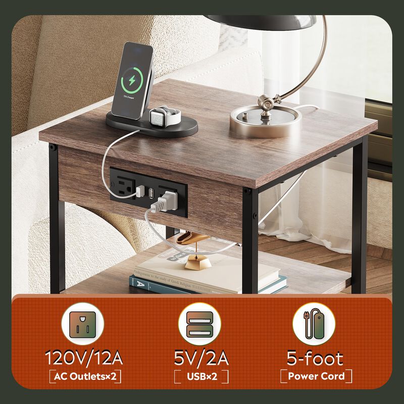 WLIVE Side Table with Charging Station and USB Ports, Small End Tables for Small Spaces, 3-Tier Nightstand with Adjustable Shelf