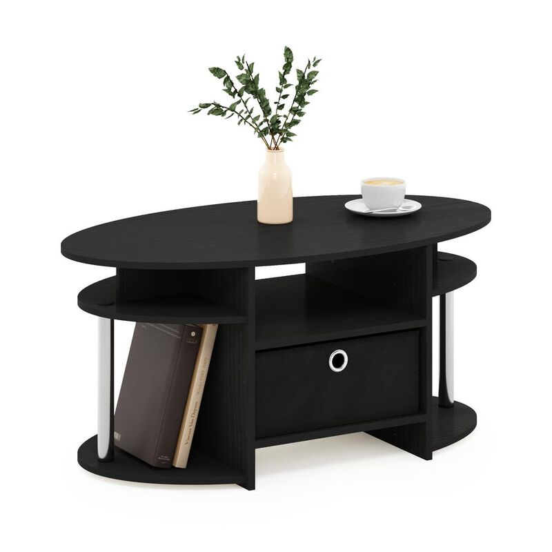 Furinno JAYA Simple Design Oval Coffee Table with Bin, Americano, Stainless Steel Tubes