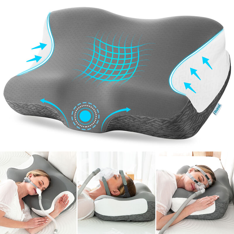 Elviros Cervical Neck Pillow for Neck Pain Relief, CPAP Pillow for Side, Back & Stomach Sleepers, Ergonomic Orthopedic Pillow for CPAP Users to Reduce Air Leaks and Mask Pressure, Dark Grey