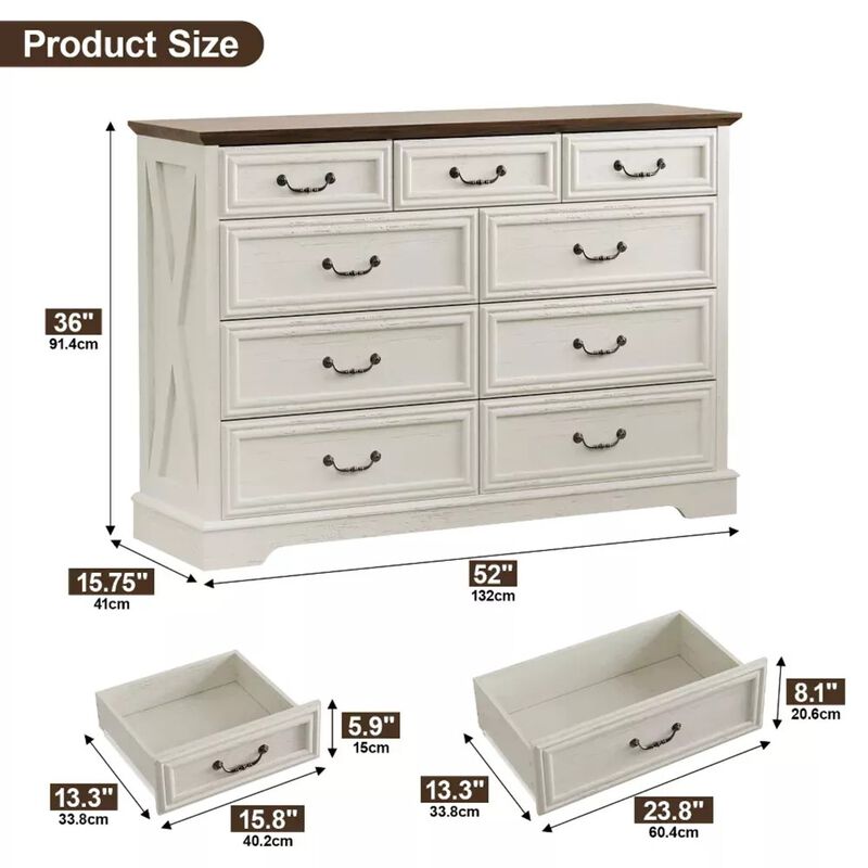 Farmhouse 9 Large Drawers Dresser, 52 Inch Wide Modern Bedroom Dresser TV Stand with and Bar Handles image number 1