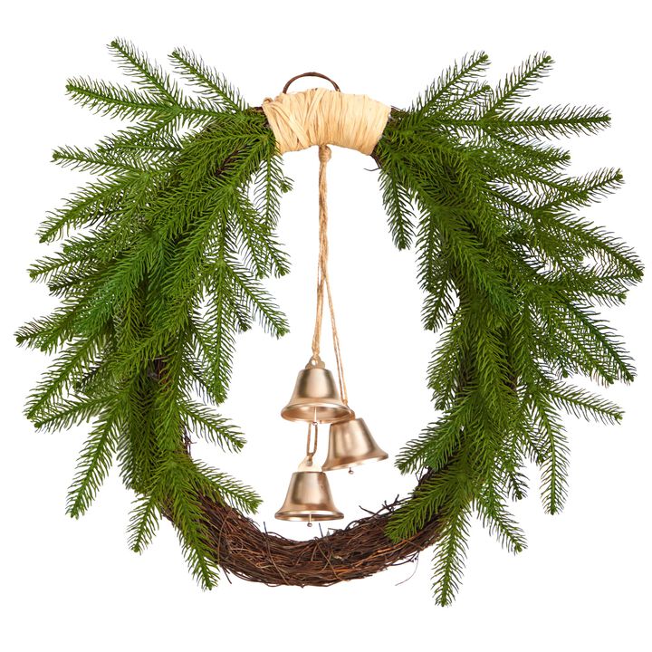 Hivvago 24" Holiday Christmas Pine and Hanging Bells Wreath