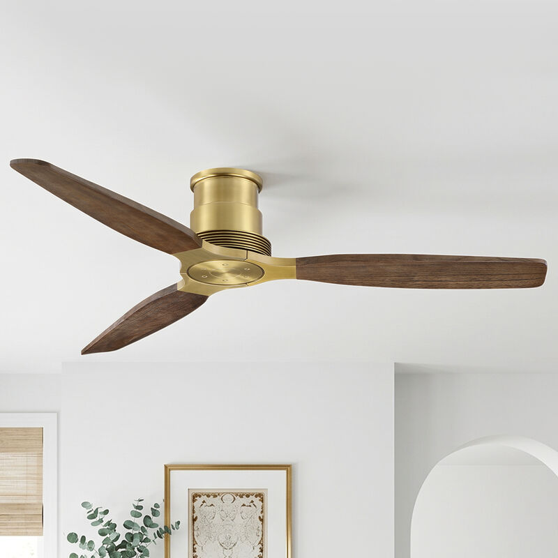 56" Soft Brass Mid Century Solid Wood Low Profile Reversible 6 Speed Flush Mount Ceiling Fan No Light with Remote image number 1