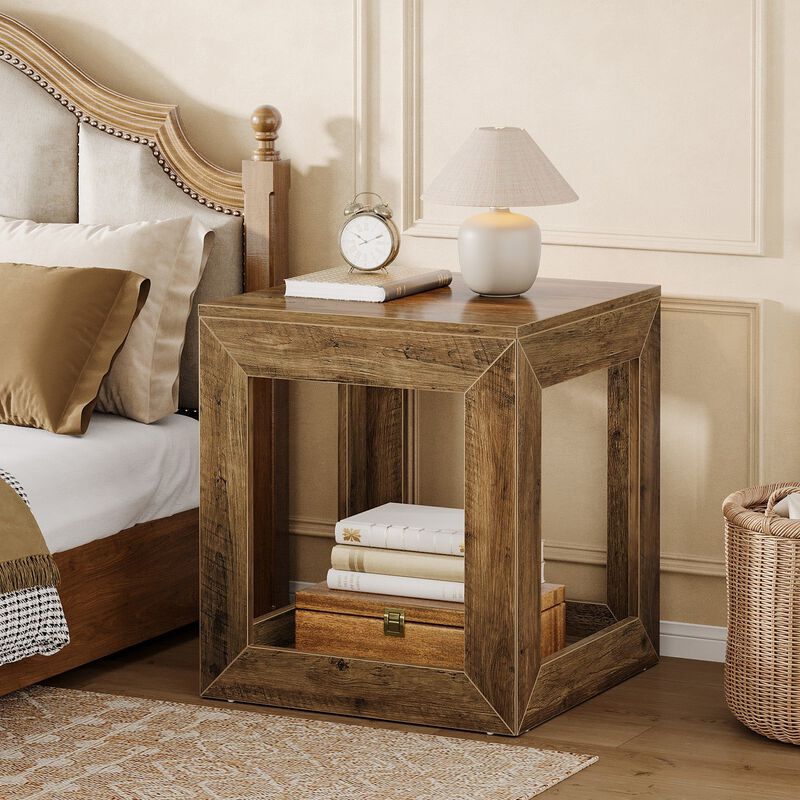 Side Table Nightstand, Square End Table with 2-Tier Storage Shelf-Brown image number 4