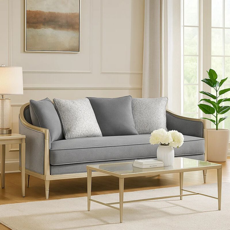Fero Loveseat with 4 Pillows, Gray Chenille, Champagne Wood Trim, 71 Inch image number 6