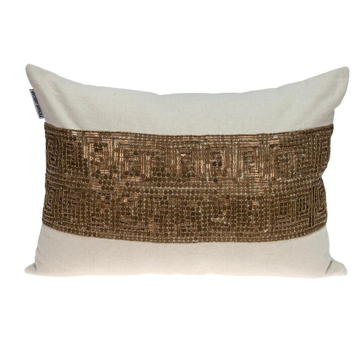 20" Beige and Bronze Contemporary Embroidered Throw Pillow
