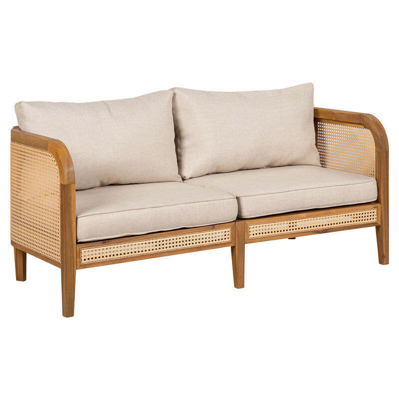 Christopher Knight Home Andrew 56" Patio Rustic Acacia Wood Upholstered Sofa with Rattan-Wrapped Frame