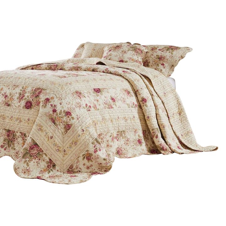 Rosle 3 Piece Queen Bedspread Set, Floral Print, Scalloped, Cream, Pink - Benzara