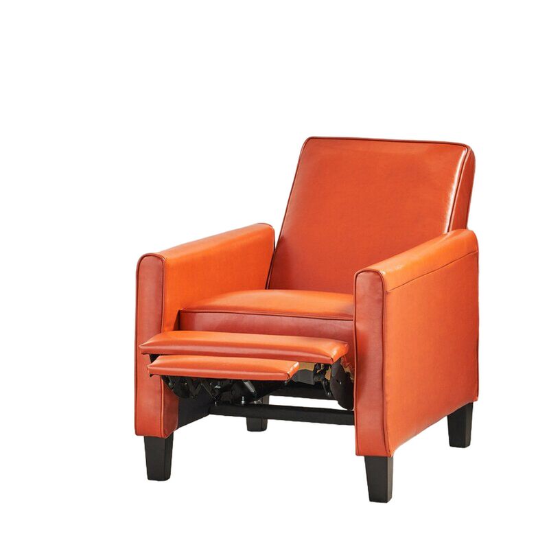 Zuca Pushback Recliner Club Chair, Black Wood, Orange Floral Faux Leather - Benzara