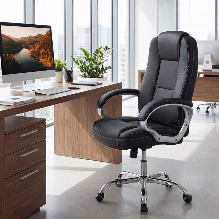 Ergonomic Office Chair with Leather Upholstery Padded Armrests and Rocking Backrest