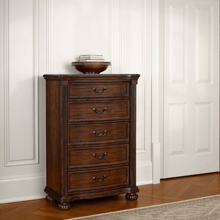 Laon Tall Dresser Chest, 5 Drawer Cherry Brown Solid Hardwood, 51 Inch