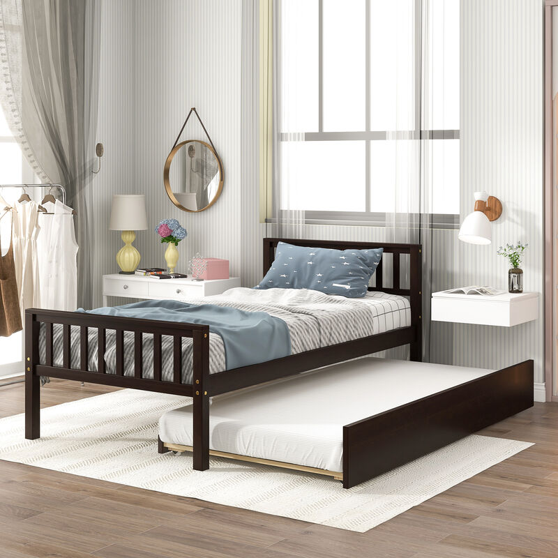 Whisen Twin Trundle Bed Frame with Platform Headboard, Compact Design for Small Space Bedroom Guest Room, No Box Spring Needed image number 3