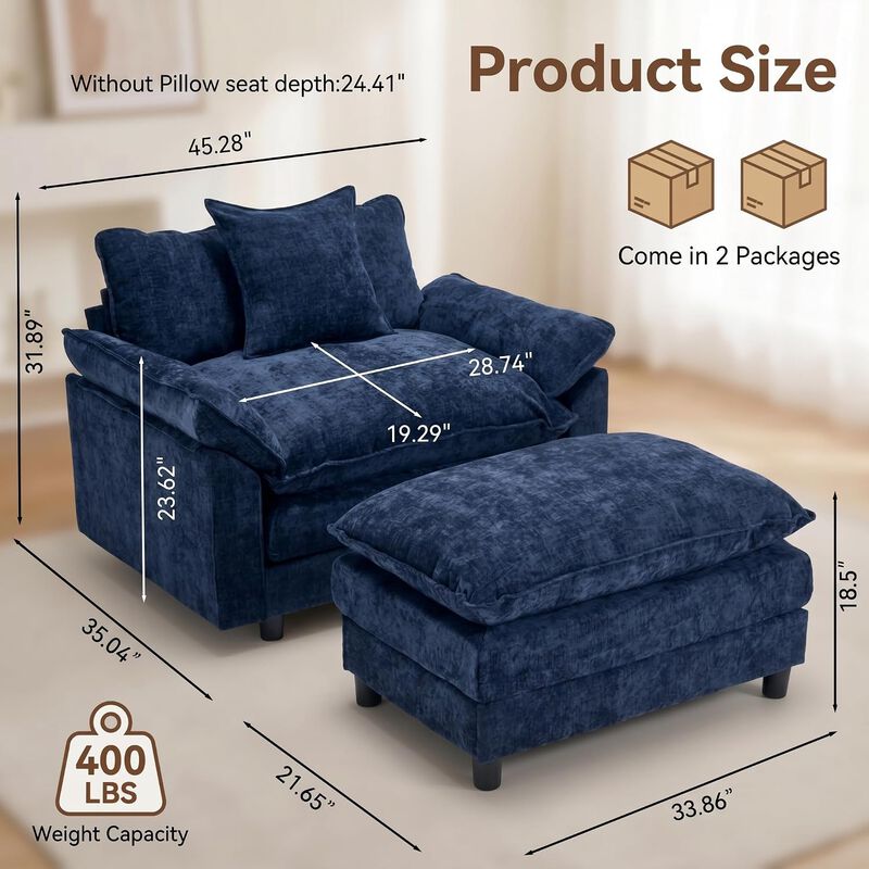 Envelor Chenille Upholstered Accent Chair with Ottoman, Set of 2 image number 4