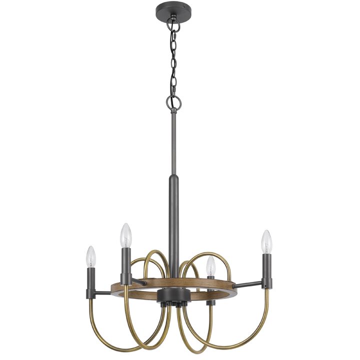 4 Light Candelabra Chandelier, Wood Base, Bronze and Gray Metal 24 Inch