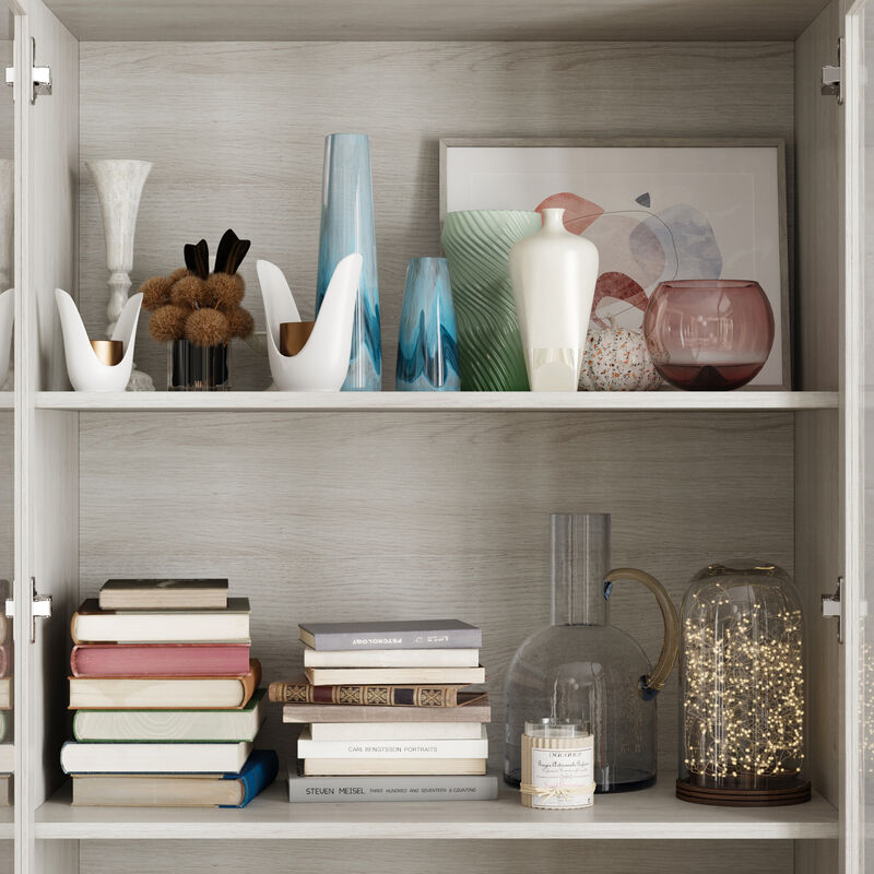 FUFU&GAGA Modern White Bookcase with Adjustable Shelves and Spacious Storage (31.5" W x 70.9" H x 15.7" D), Wood Grain Finish with Brass Pull Handles