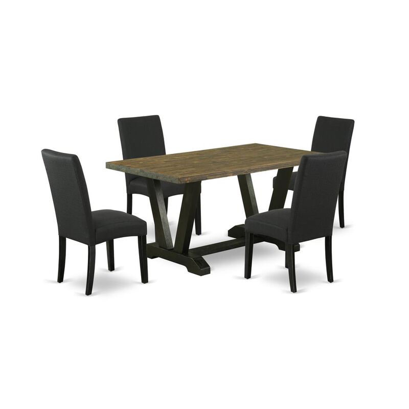 East West Furniture V676DR124-5 5-Piece Dinette Room Set- 4 Parson Chairs with Black Linen Fabric Seat and Stylish Chair Back - Rectangular Table Top & Wooden Legs - Distressed Jacobean and Black Fini