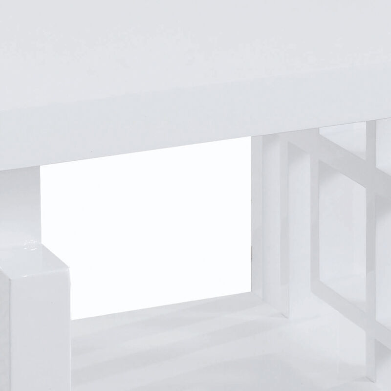 22 Inch Wood End Table, Geometric Frame, 1 Shelf, Glossy White-Benzara