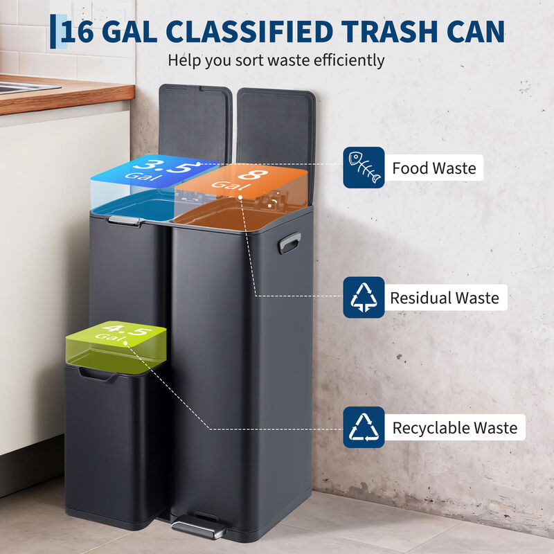 16 Gallon Triple Compartment Stainless Steel Trash Bin, Foot Pedal, Soft Close Lid, Removable Buckets, Large Capacity for Kitchen Office Bathroom image number 2