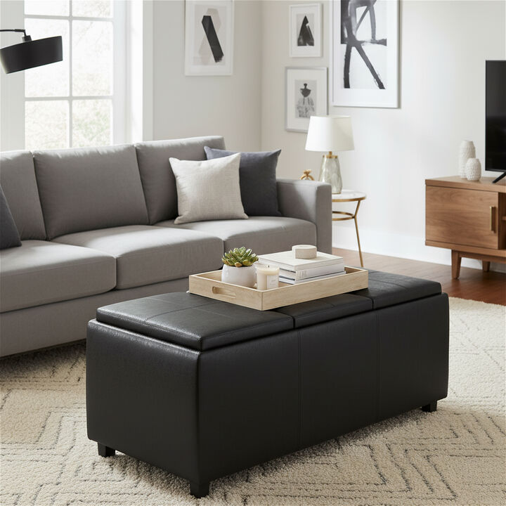 Avalon 42 inch Wide Contemporary Rectangle Storage Ottoman in Distressed Black Vegan Faux Leather, Assembled