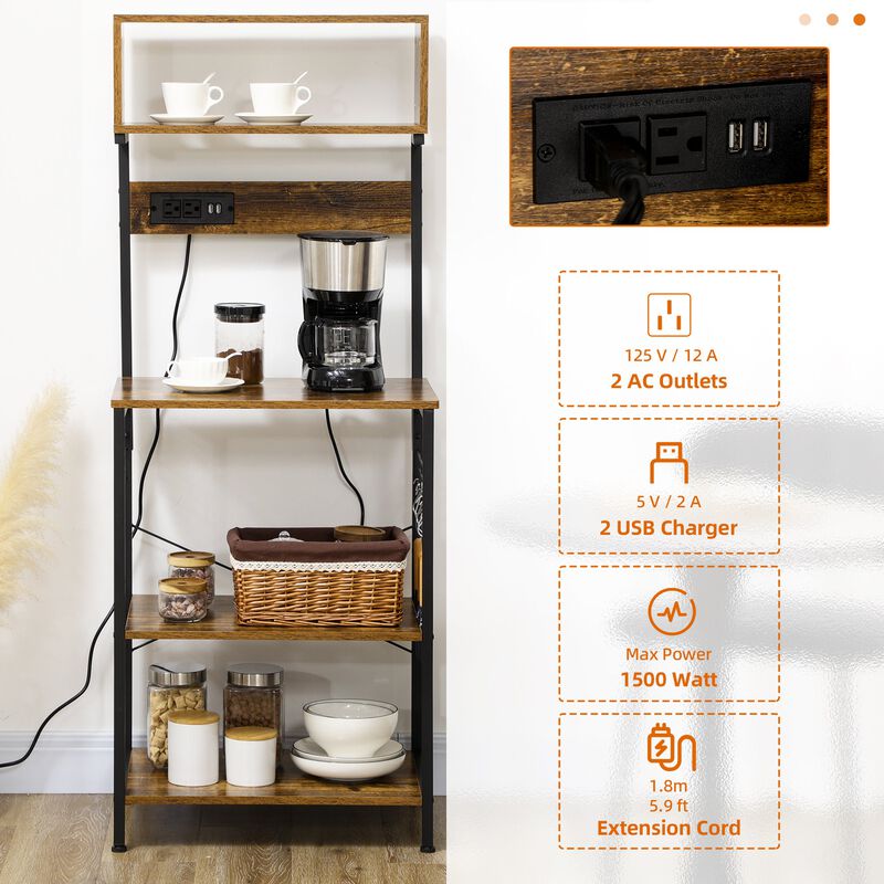 Kitchen Baker's Rack with Power Outlet, USB Charger, Microwave Stand, Coffee Bar with Adjustable Shelves, 5 Hooks for Spices, Pots and Pans, Rustic Brown