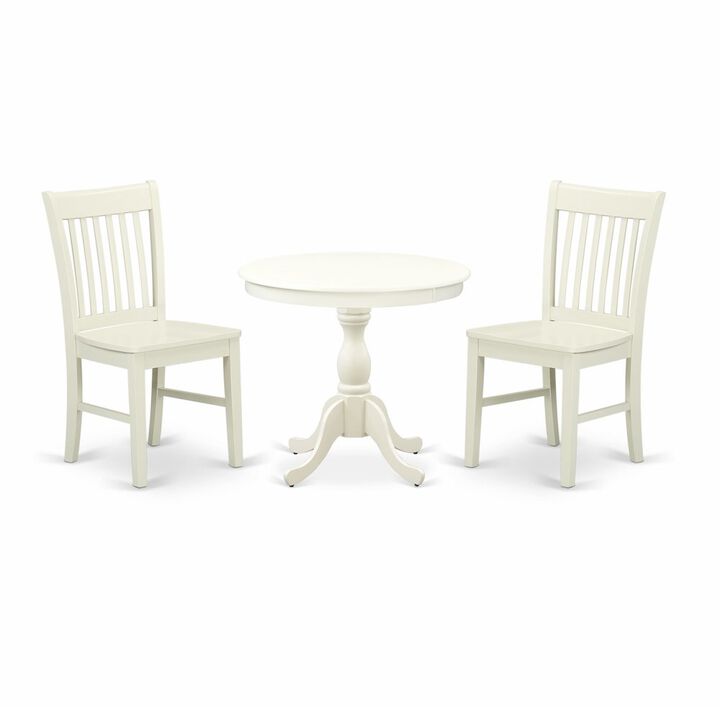 East West Furniture 3 Piece Dining Room Table Set Includes 1 Wood Dining Table and 2 Linen White Kitchen Chairs with Slatted Back - Linen White Finish