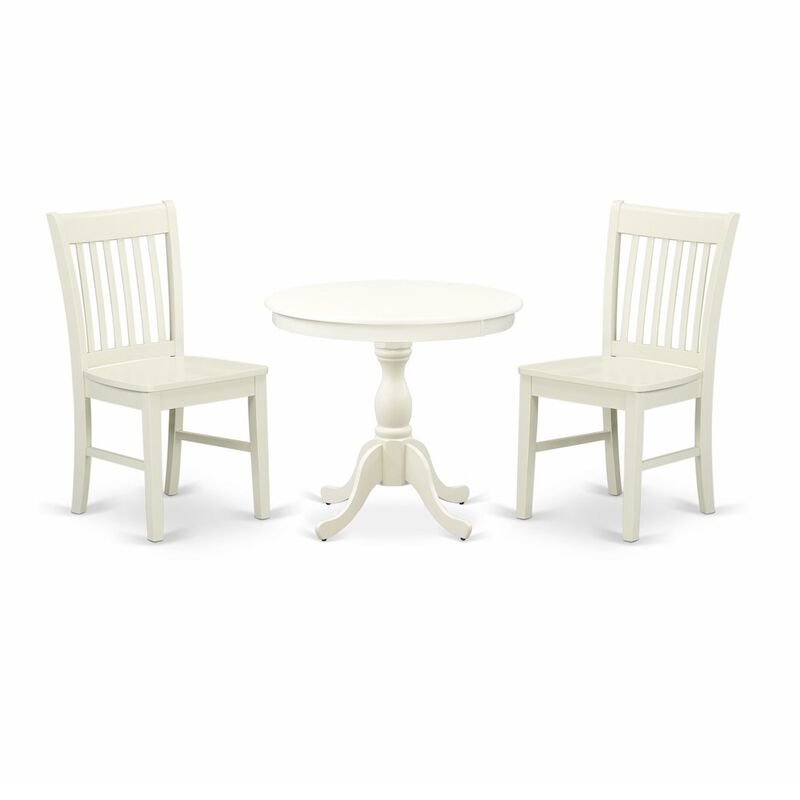 East West Furniture 3 Piece Dining Room Table Set Includes 1 Wood Dining Table and 2 Linen White Kitchen Chairs with Slatted Back - Linen White Finish