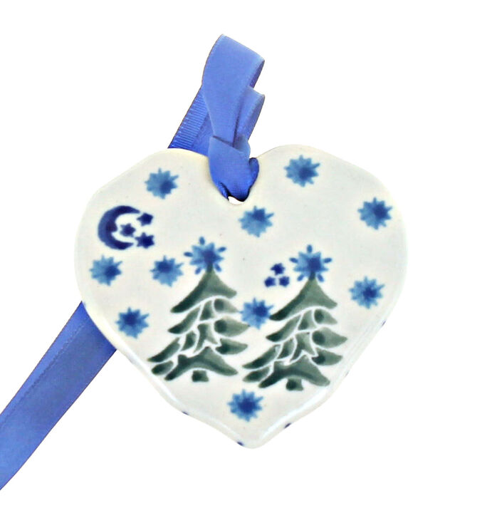 Blue Rose Polish Pottery Winter Bells Heart Ornament