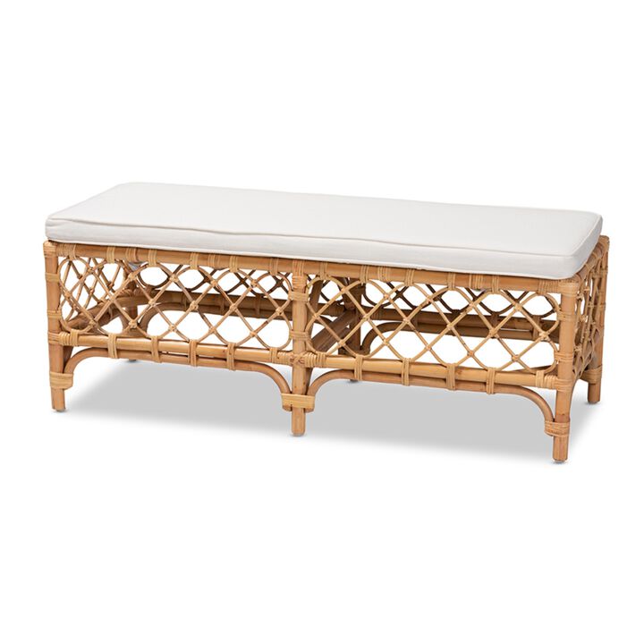 Baxton Studio Orchard Modern Bohemian White Fabric Upholstered and Natural Brown Rattan Bench