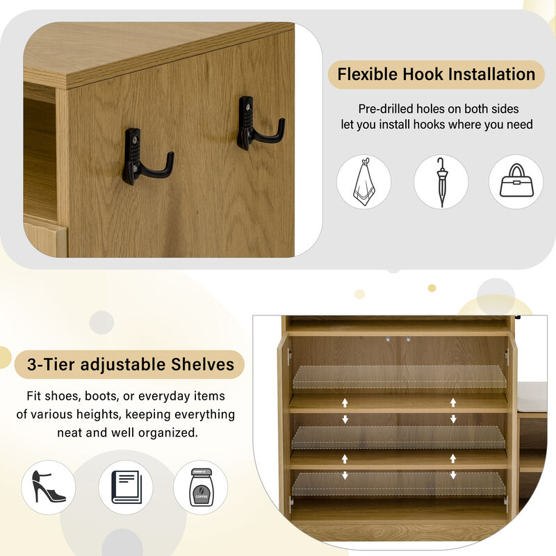Shoe Bench, 2 Doors and 3-Tier Adjustable Shelves image number 4