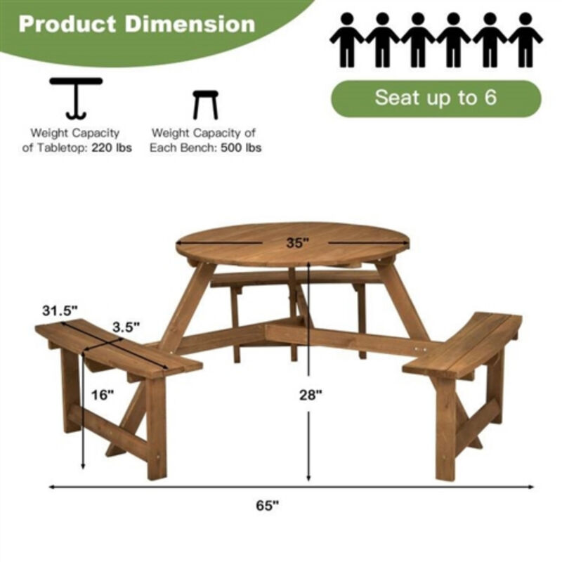 Outdoor Solid Wood Round Dining Table Set with Umbrella Hole and 3 Benches