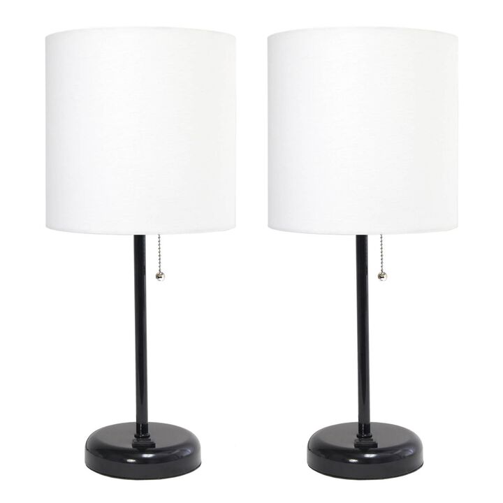 LimeLights Black Stick Lamp with Charging Outlet and Fabric Shade - 2 Pack Set