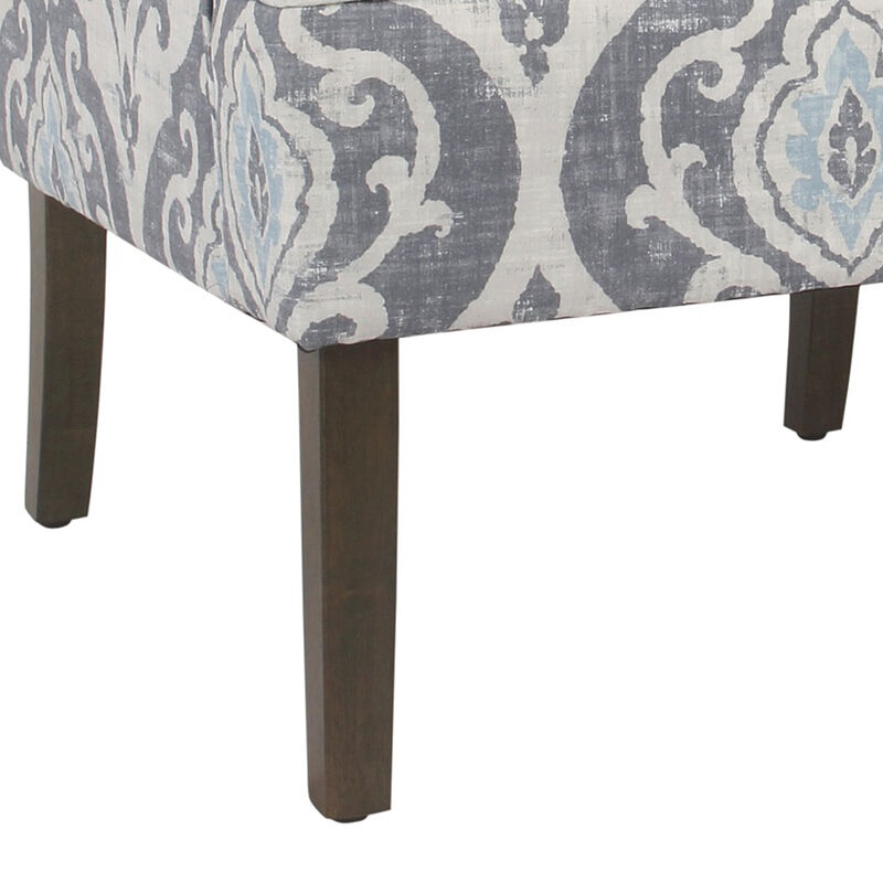 Fabric Upholstered Wooden Accent Chair with Swooping Armrests and Damask Pattern Design, Multicolor - Benzara