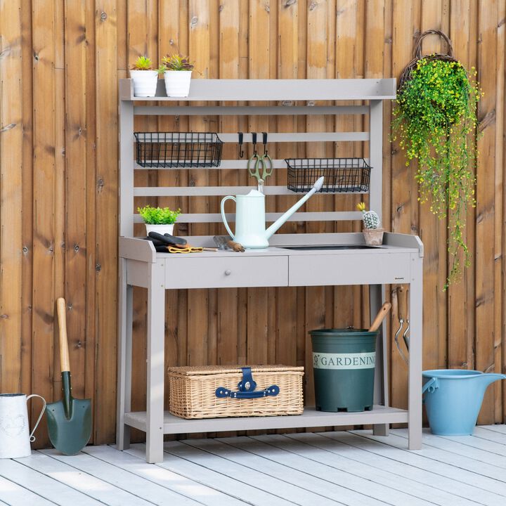Potting Bench Table, Garden Work Bench, Workstation with Metal Sieve Screen, Removable Sink, Additional Hooks and Baskets for Patio, Grey