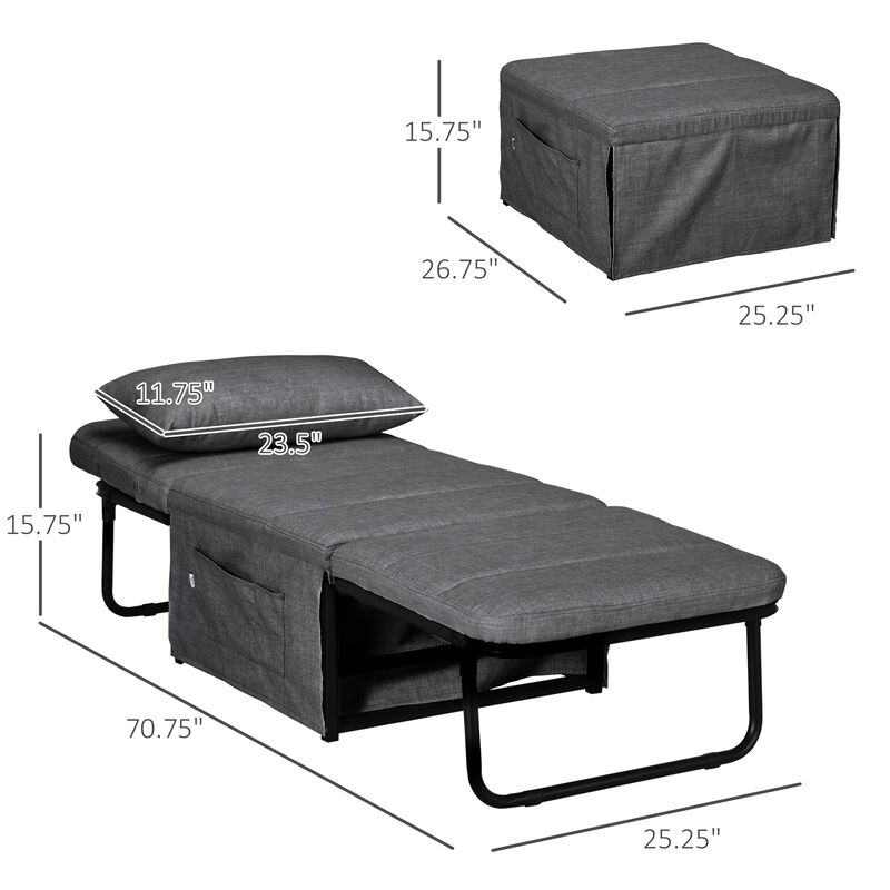 Folding Sofa Bed, 4 in 1 Multi-Function Sleeper Chair Bed Ottoman with Adjustable Backrest, Pillow, Side Pocket for Home Office, Bedroom, Living Room, Charcoal Gray