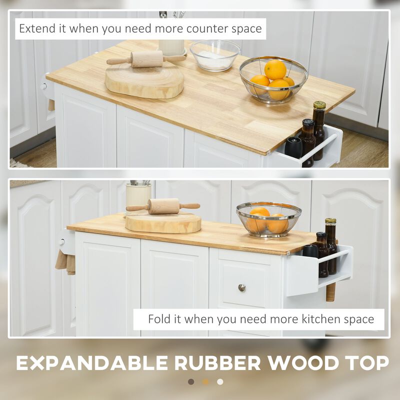 White Kitchen Helper: Rolling Island Cart with Drop Leaf & Storage