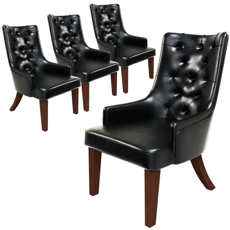 LeisureMod Dining Chair Upholstered in Leather Velvet with Diamond-Tufted High Back and Stained Rubberwood Legs for Modern Home and Kitchen Spruce Collection Set of 4