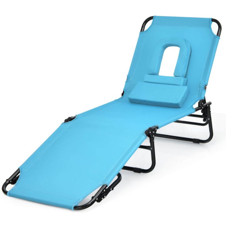 Hivvago Outdoor Folding Chaise Lounger with Hand Rope and Detachable Pillow